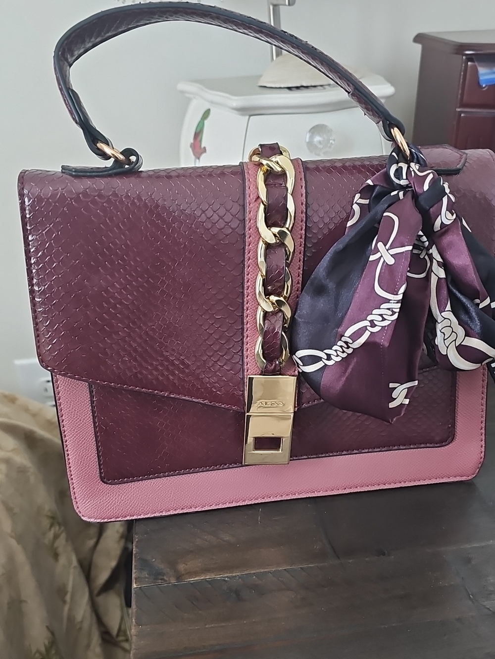 Aldo Women’s Burgundy Top-Handle Bag with Decorative Scarf